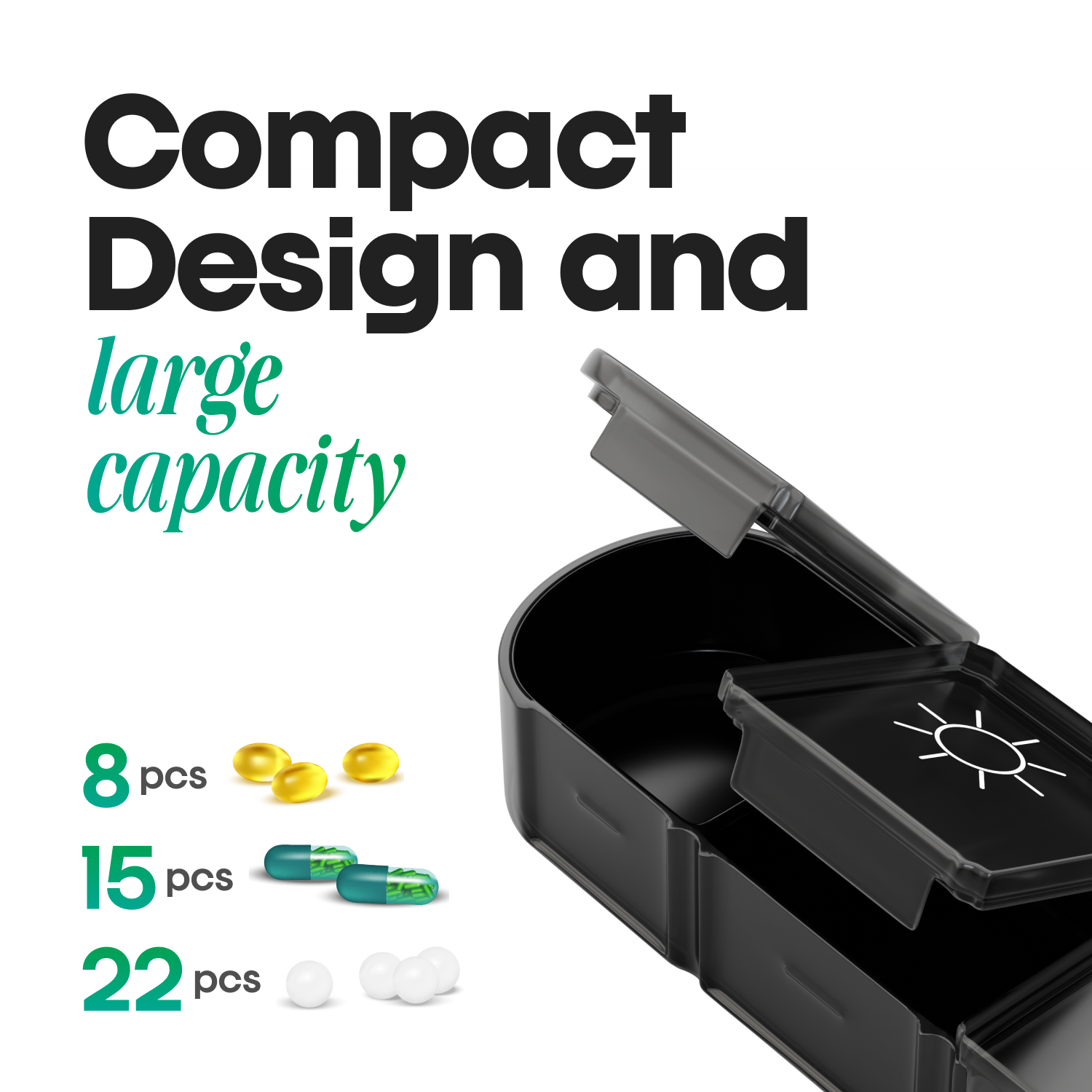 Frizty Pill Organizer - 3 Times a Day, Portable Travel Pill Box with Large Compartments for Vitamin, Medicine, and Supplements